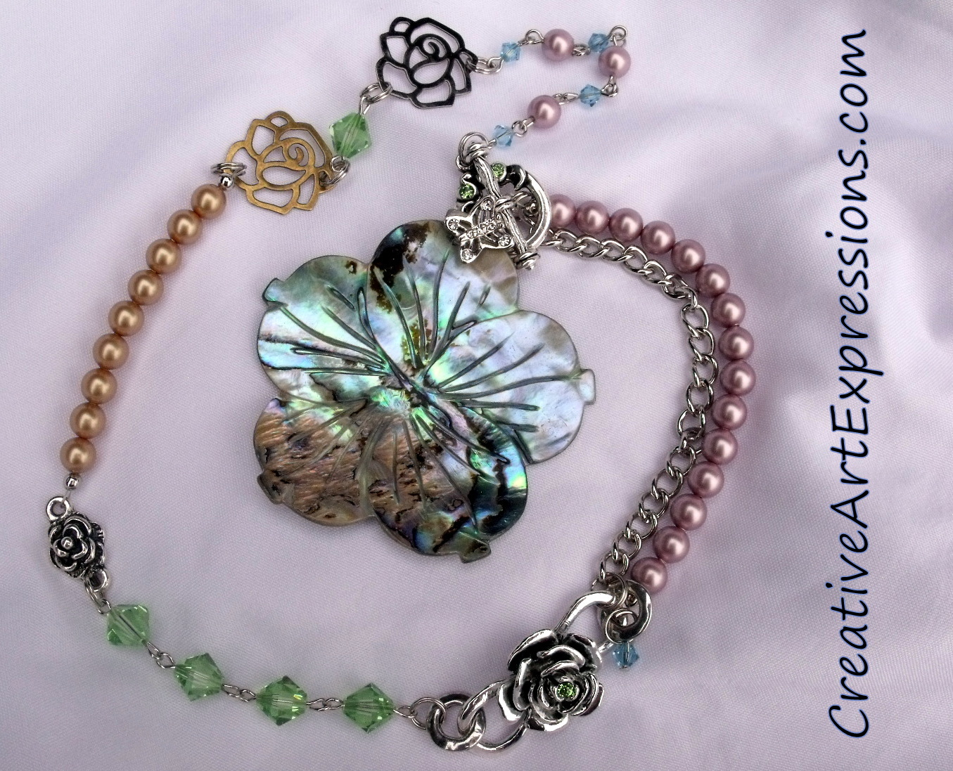 Creative Art Expressions Handmade Paua Shell Flower Pendant Necklace Jewelry Design